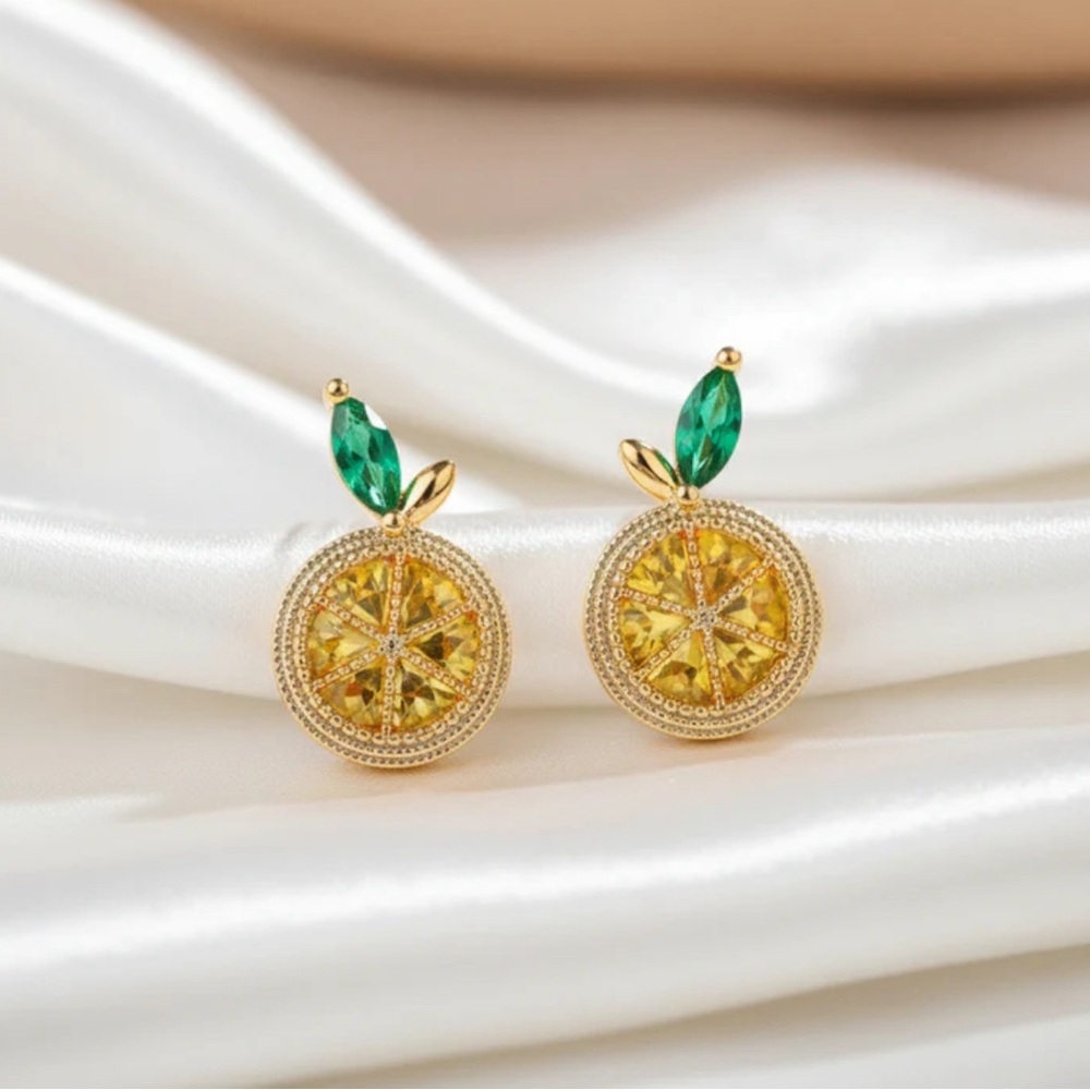 Gold Citrus Crystal Stud Earrings with Yellow and Green Accents - Women Jewelry